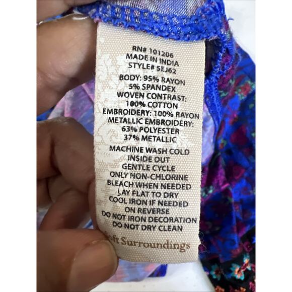 Soft Surroundings Womens 2x BoHo Top Tamuri Tunic Blue Floral Beaded Blouse XXL - Picture 12 of 14